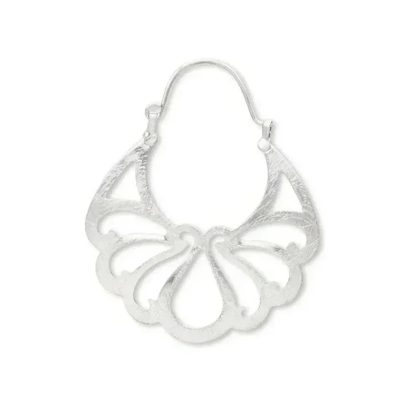 Elegant Silver Brushed Steel Abstract Lotus Flower Filigree Cutout Earrings - Picture 2 of 2